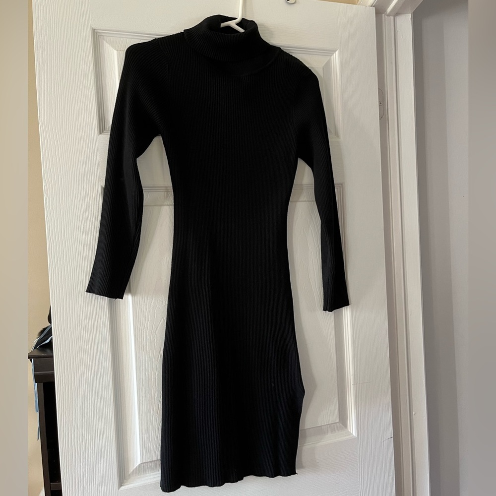 Knit Black Turtle Neck Dress with Slit